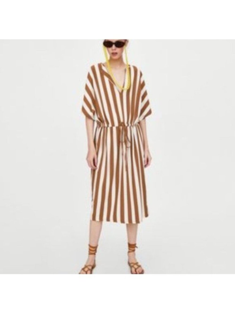 Zara STRIPED TUNIC DRESS Brown White Ecru Striped Tunic Dress